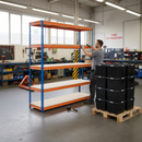 3x Heavy Duty Shelving - 1800mm High - Blue & Orange with 12x 62L Plastic Storage Boxes