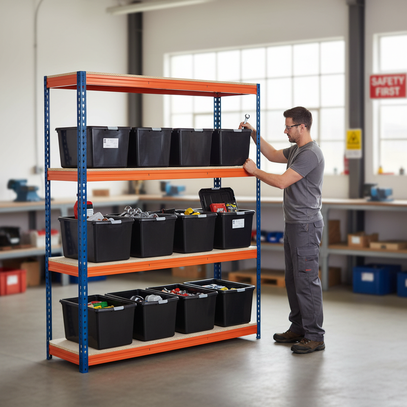 Heavy Duty Shelving Unit - 1600mm High with 12x 62L Plastic Storage Boxes