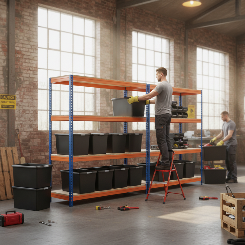 4x Premium Heavy Duty Shelving - 1600mm High with 12x 62L Plastic Storage Boxes