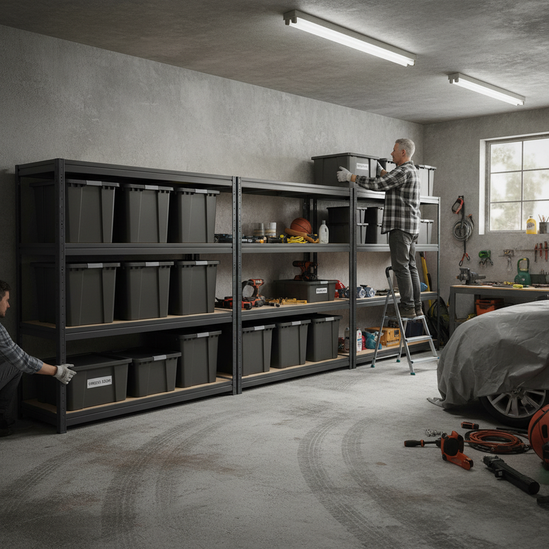 3x Heavy Duty Shelving - 1770mm High - Grey with 12x 37L Plastic Storage Boxes