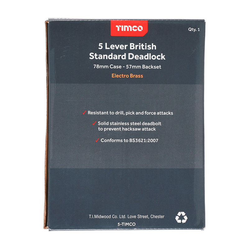 5 Lever British Standard Deadlock - Electro Brass - 78 case / 57 backset