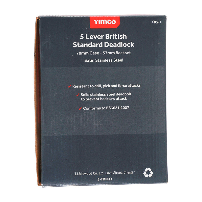 5 Lever British Standard Deadlock - Stainless Steel - Satin - 78 case / 57 backset