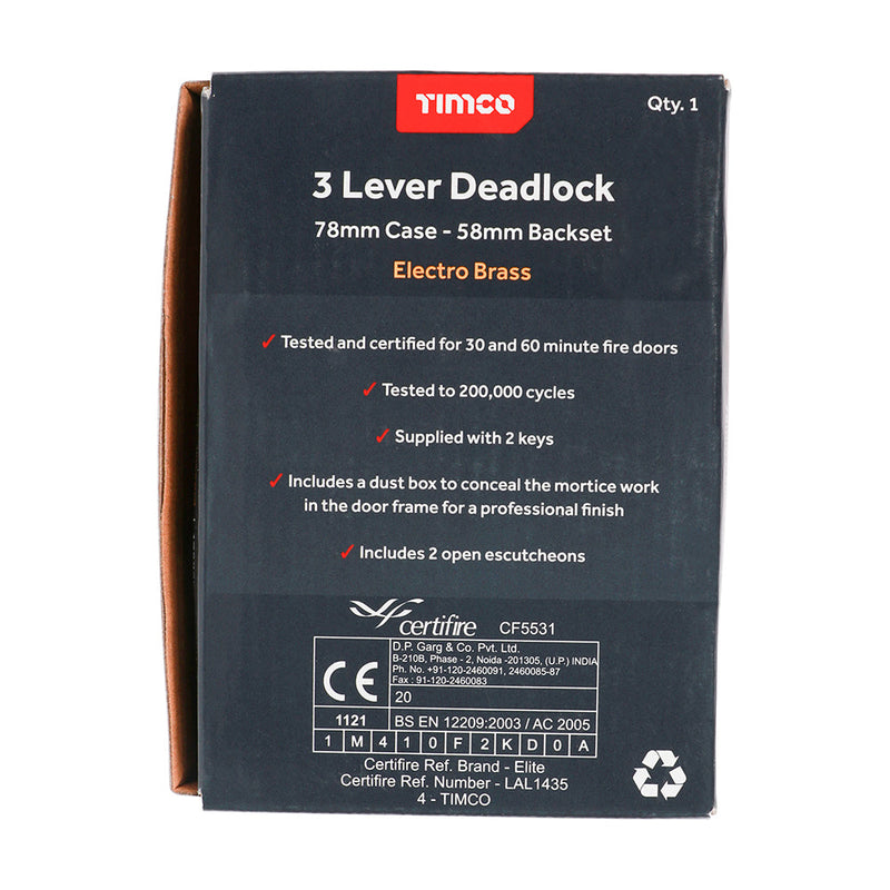 3 Lever Deadlock - Electro Brass - 78 case / 58 backset