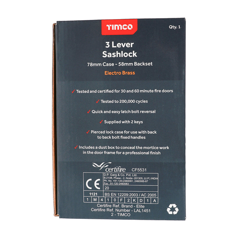 3 Lever Sashlock - Electro Brass - 78 case / 58 backset
