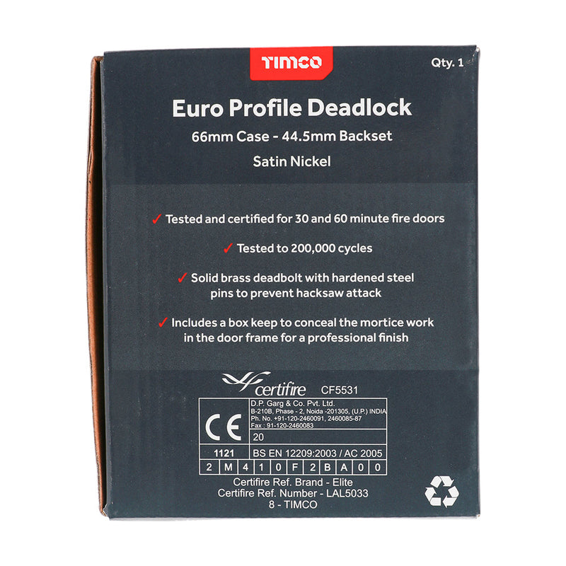 Euro Deadlock - Satin Nickel - 66 case / 45 backset