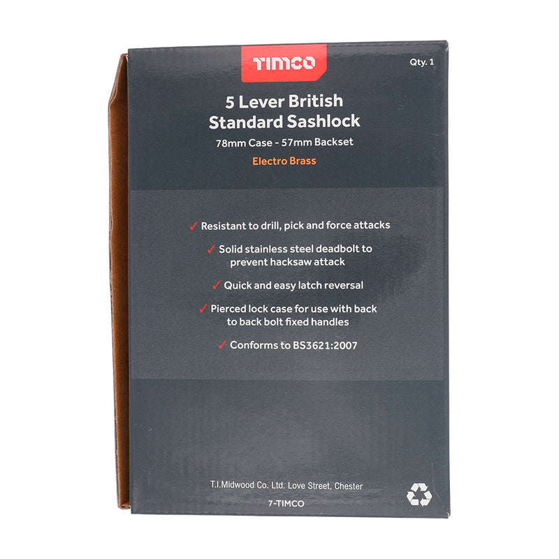 5 Lever British Standard Sashlock - Electro Brass - 78 case / 57 backset