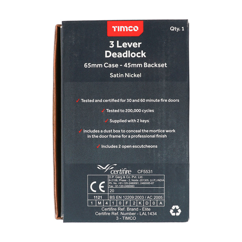 3 Lever Deadlock - Satin Nickel - 65 case / 45 backset