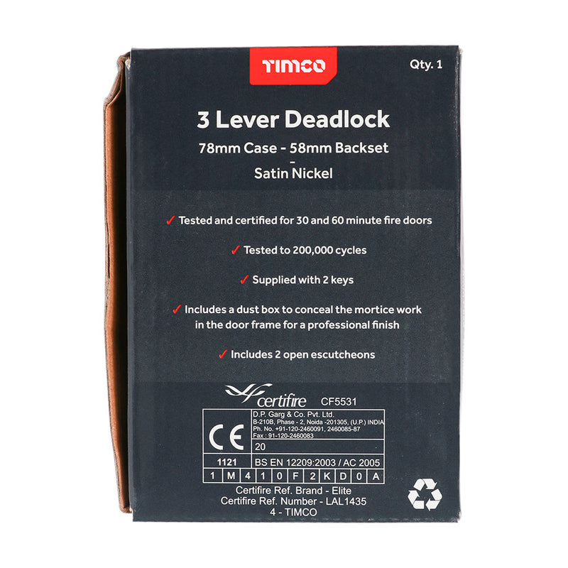 3 Lever Deadlock - Satin Nickel - 78 case / 58 backset