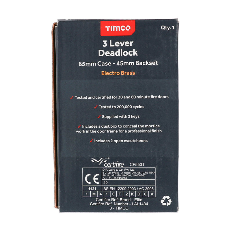 3 Lever Deadlock - Electro Brass - 65 case / 45 backset