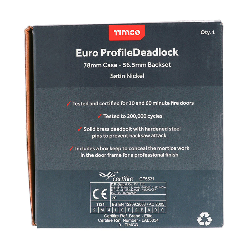 Euro Deadlock - Satin Nickel - 78 case / 56.5 backset
