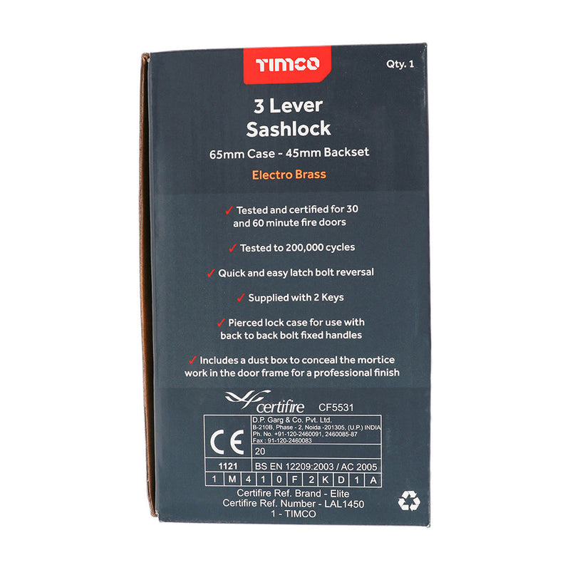 3 Lever Sashlock - Electro Brass - 65 case / 45 backset