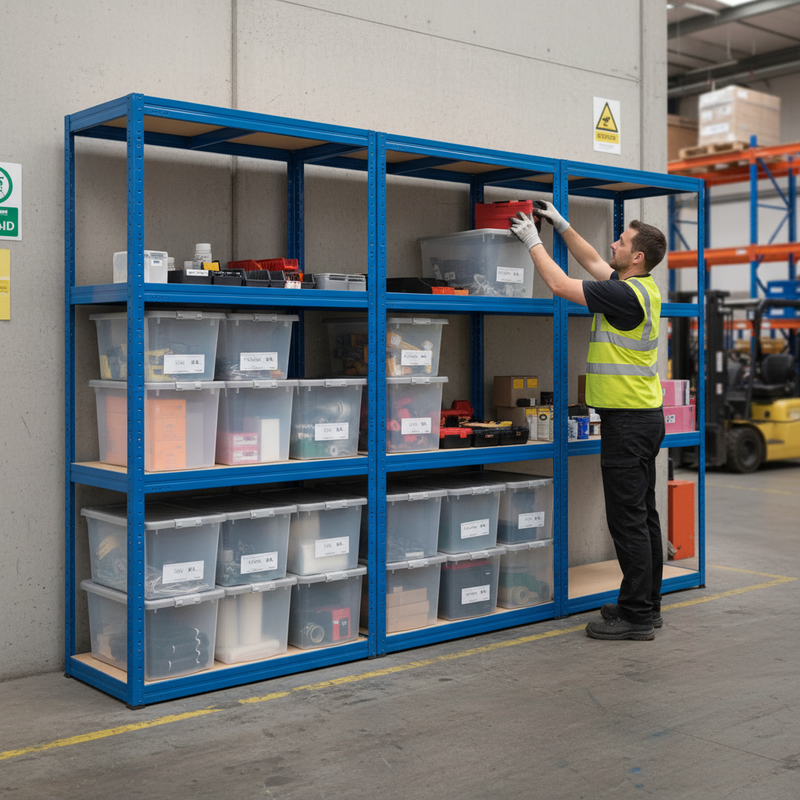 Professional Heavy Duty Shelving Unit with 12x 60L Plastic Storage Boxes