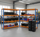 2x Heavy Duty Shelving - 1770mm High - Blue & Orange with 8x 37L Storage Boxes