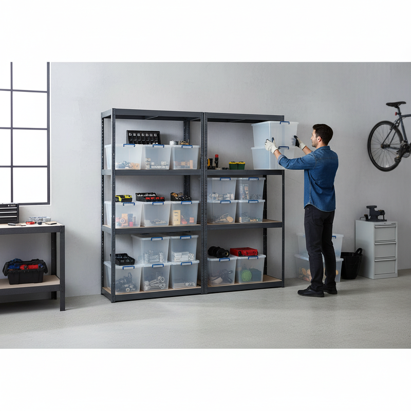 Premium 2x Shelving Units - 1600mm High - Grey with 12x 33.5L Storage Boxes