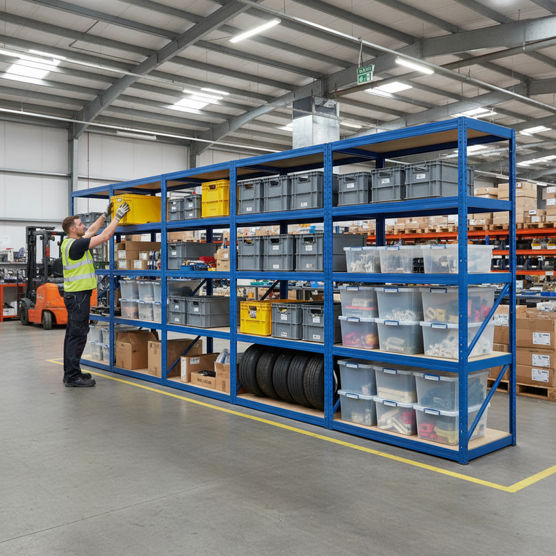 4x Heavy Duty Shelving Units - 2130mm High - Blue with 8x 33.5L Storage Boxes