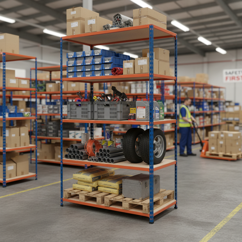 Premium Industrial Shelving - 2440mm High - 200kg Capacity - Chipboard - Blue & Orange