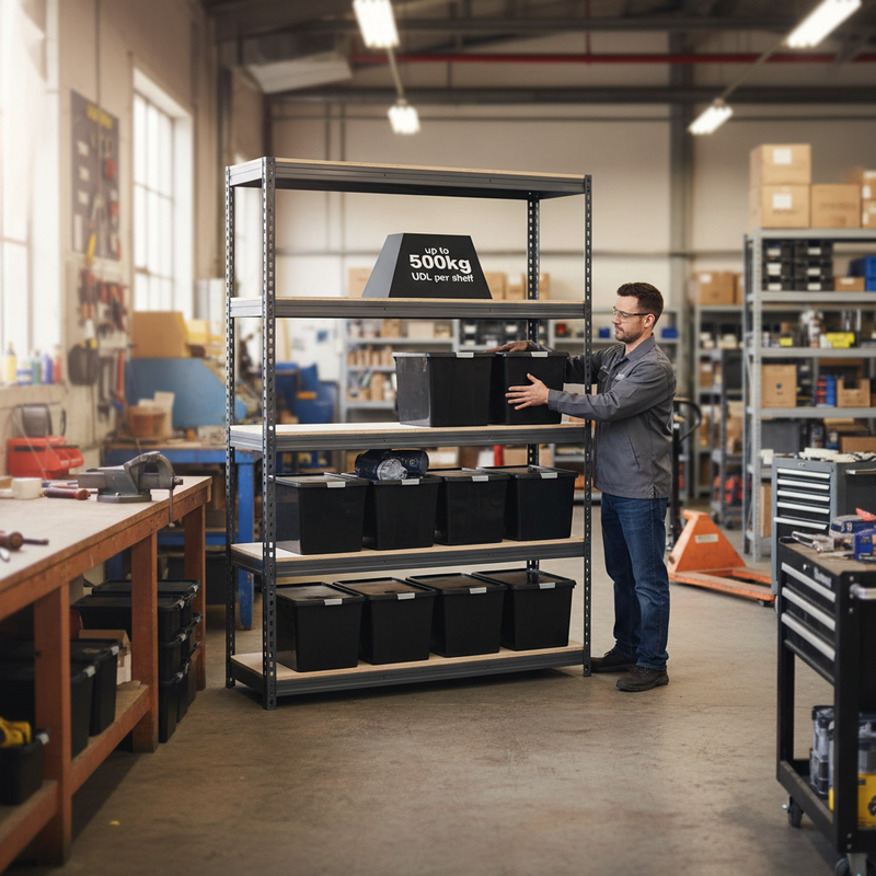 2x Heavy Duty Shelving Units - 1600mm High - Grey with 12x 37L Plastic Storage Boxes