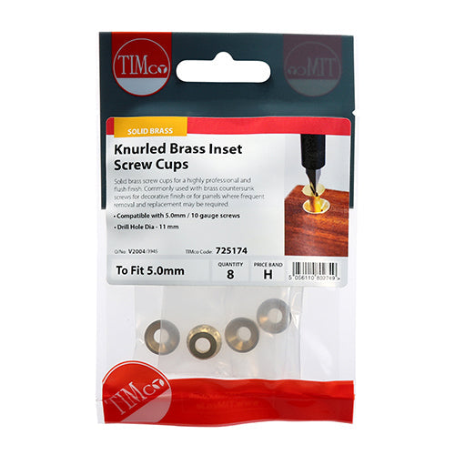 Knurled Inset Screw Cups - Solid Brass - To fit 4.8, 5.0 Screw
