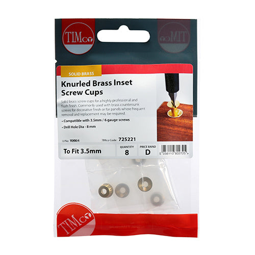 Knurled Inset Screw Cups - Solid Brass - To fit 3.5 Screw