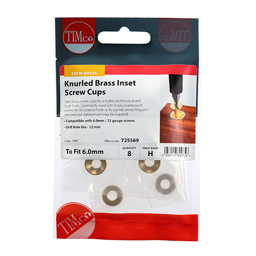 Knurled Inset Screw Cups - Solid Brass - To fit 5.5, 6.0 Screw