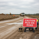 Premium Caution Mud On Road Sign 1050x750mm - Heavy Duty Reflective Traffic Management Kit with Quick Installation Frame