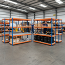 4x Premium Heavy Duty Shelving - 2200mm High - Blue & Orange with 12x 37L Plastic Storage Boxes