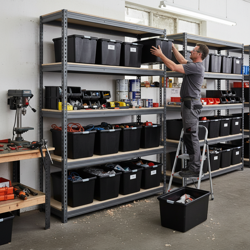 Heavy Duty Shelving - 1600mm High - Grey with 12x 37L Plastic Storage Boxes