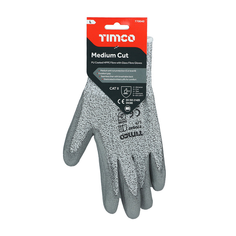 Medium Cut Gloves - PU Coated HPPE Fibre with Glass Fibre - Large