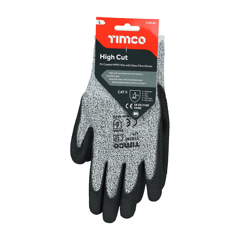 High Cut Gloves - PU Coated HPPE Fibre with Glass Fibre - X Large