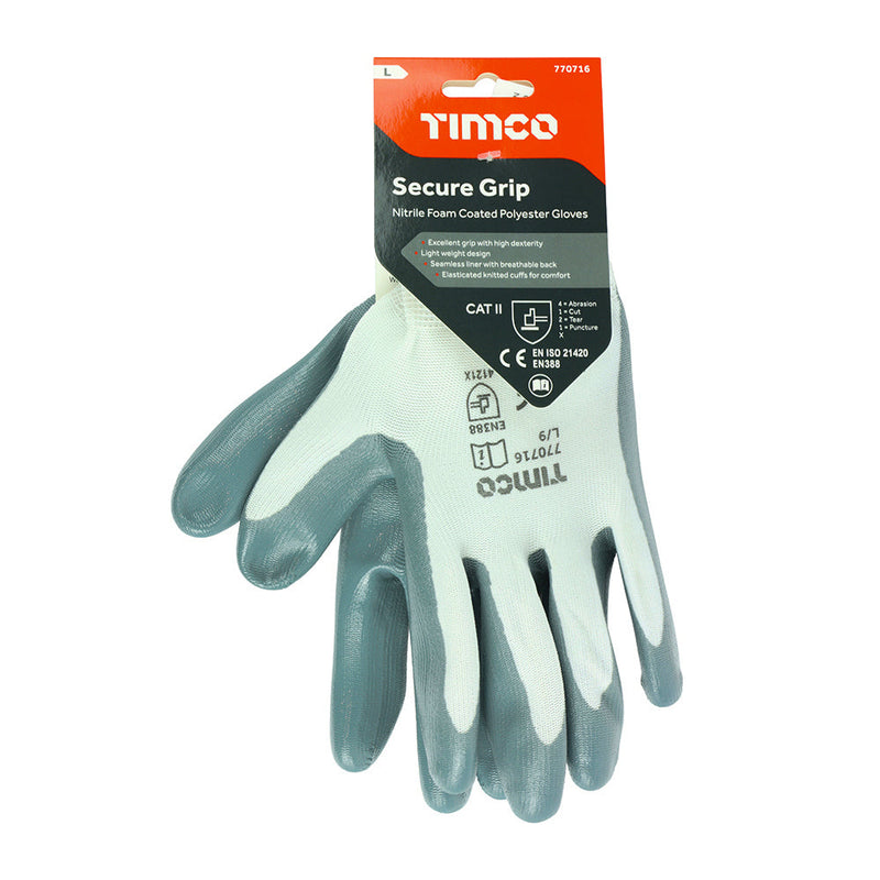 Secure Grip Gloves - Smooth Nitrile Foam Coated Polyester - Large