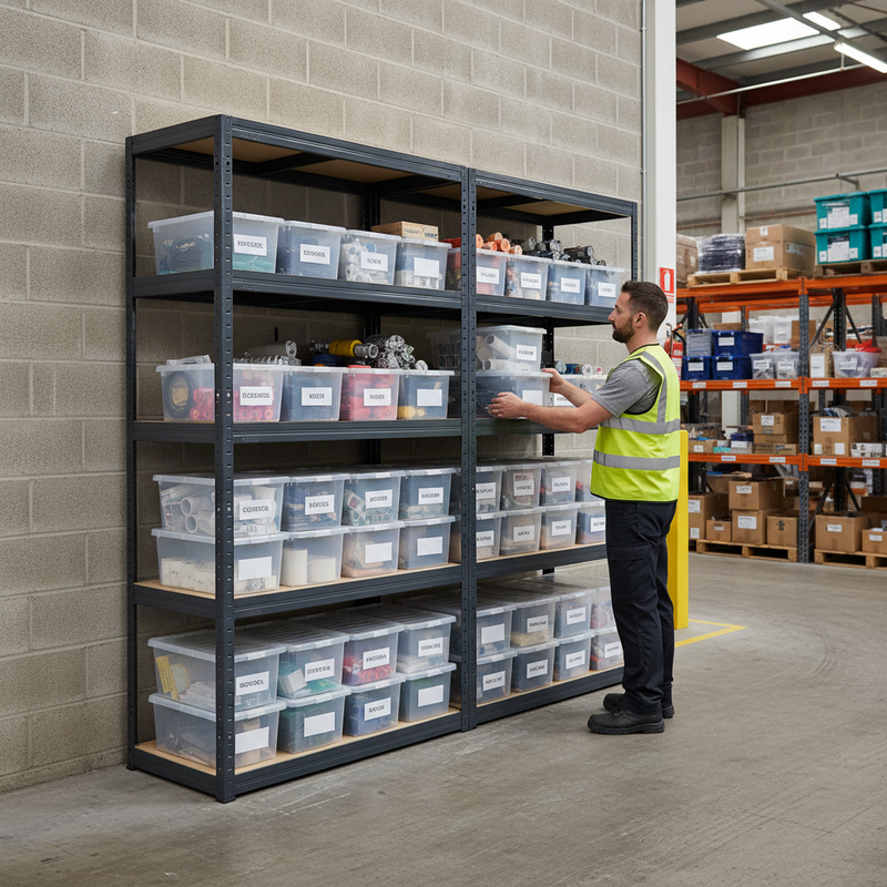 2x Heavy Duty Shelving Unit - 2130mm High - Grey with 12x 60L Plastic Storage Boxes