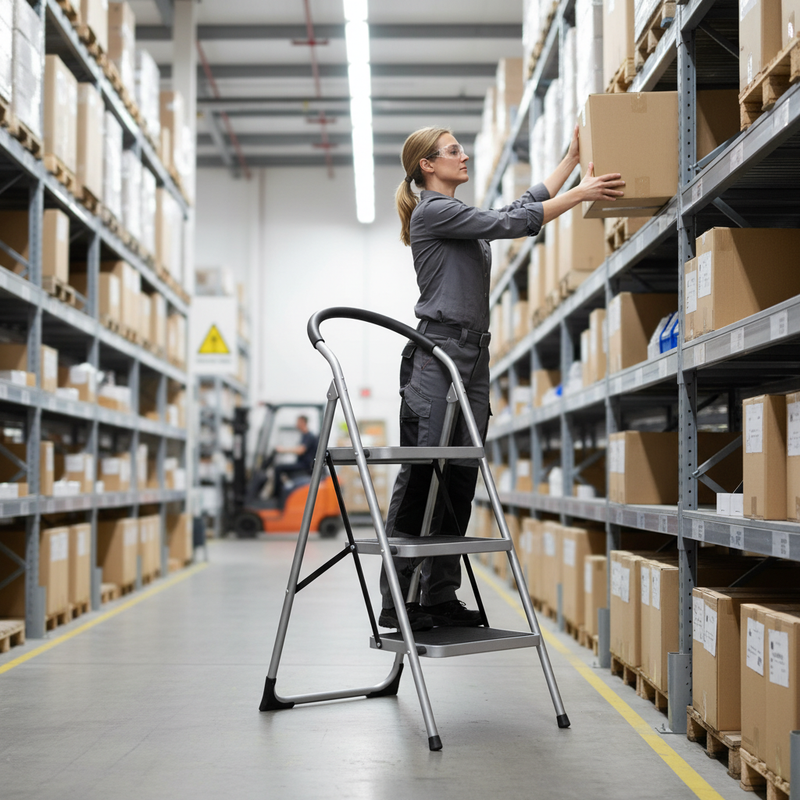 Premium Folding Step Ladder - 3 Tread with Rubber Handle