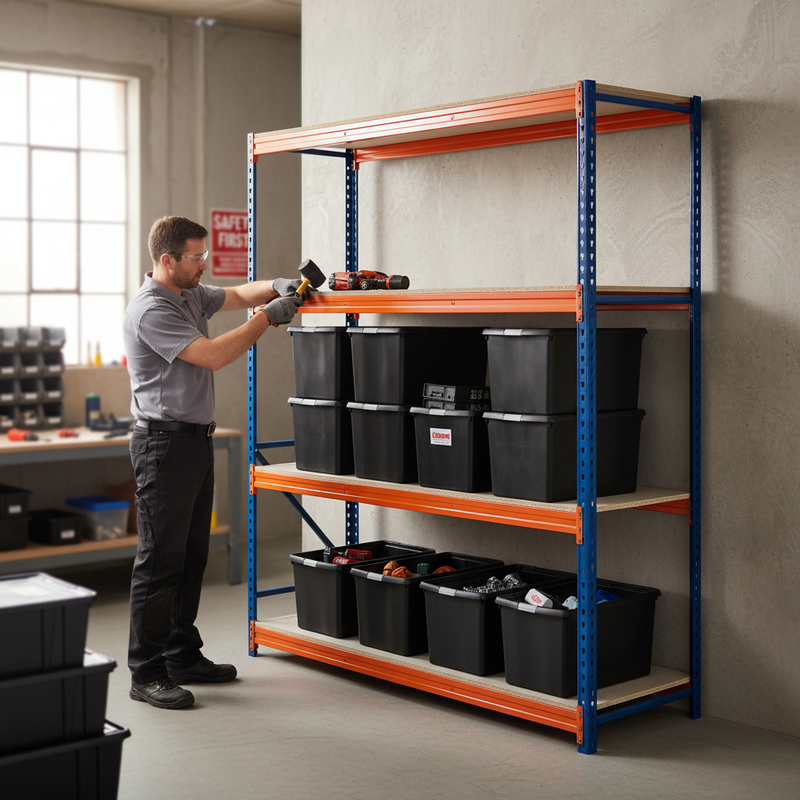 Premium Heavy Duty Shelving - 1600mm High - Blue & Orange with 8x 62L Plastic Storage Boxes