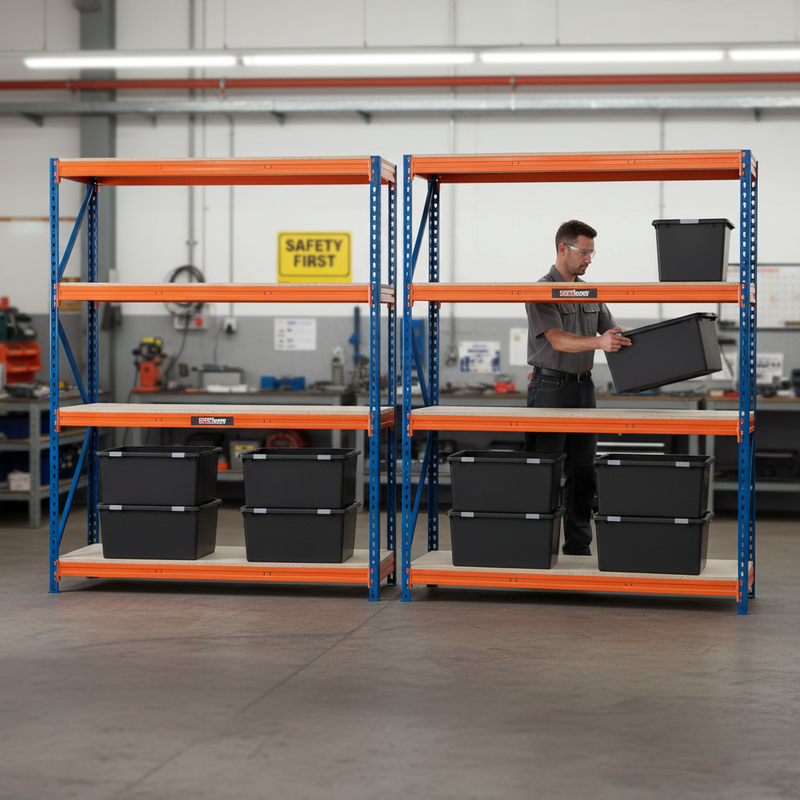 2x Heavy Duty Shelving - 1600mm High - Blue & Orange with 8x 62L Plastic Storage Boxes