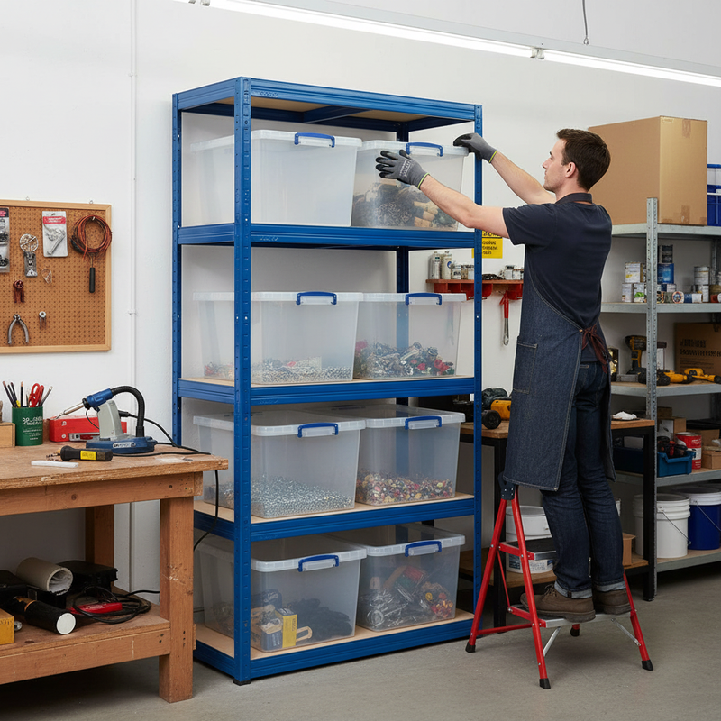 Premium Shelving Unit - 2130mm High - Blue with 8x 33.5L Storage Boxes