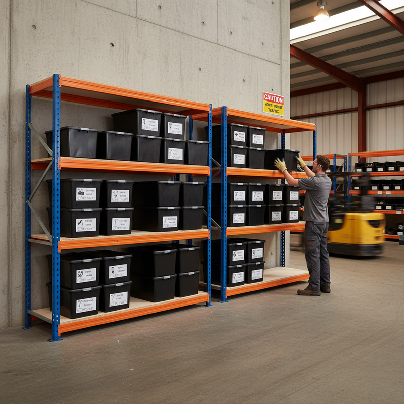 2x Heavy Duty Shelving - 2000mm High - Blue & Orange with 8x 37L Plastic Storage Boxes