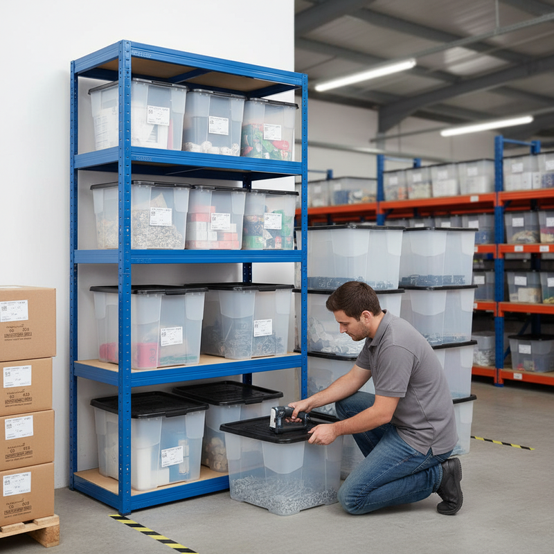 Heavy Duty Shelving Unit - 1800mm High with 8x 24L Storage Boxes