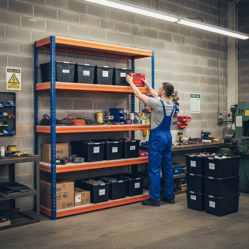 2x Heavy Duty Shelving Units - 1800mm High with 12 Durable Plastic Storage Boxes