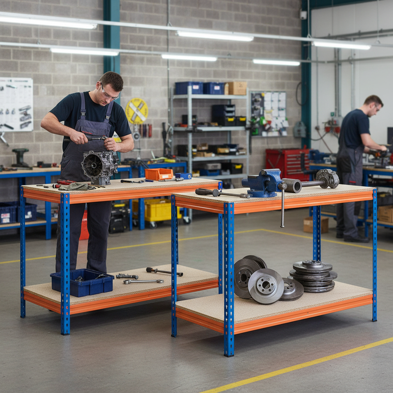 Premium Heavy Duty Workbenches - 915mm High - 400kg Capacity - Chipboard - Blue/Orange