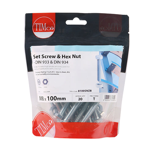 Set Screws & Hex Nuts - Grade 8.8 - Zinc - M8 x 100