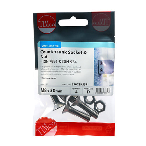 Socket Screws & Hex Nuts - Countersunk - Stainless Steel - M8 x 30
