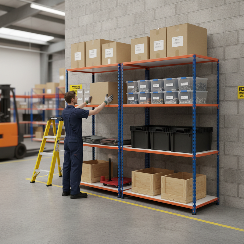 Heavy Duty Industrial Shelving - 1980mm High - 340kg Capacity - Melamine - Blue & Orange