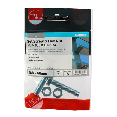 Set Screws & Hex Nuts - Grade 8.8 - Zinc - M8 x 40