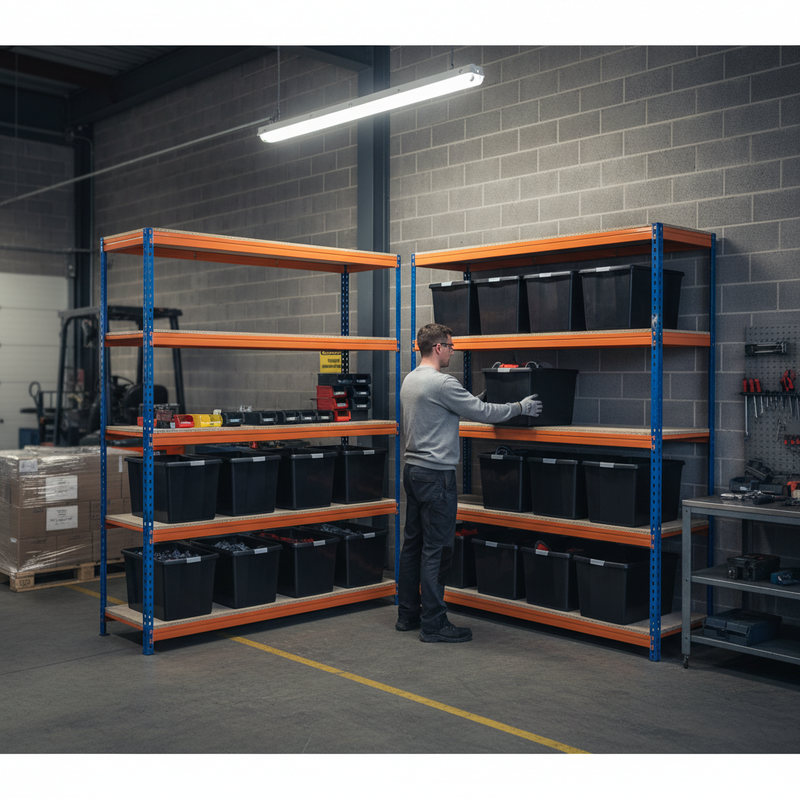 4x Heavy Duty Shelving - 1800mm High - Blue & Orange with 12x 62L Plastic Storage Boxes