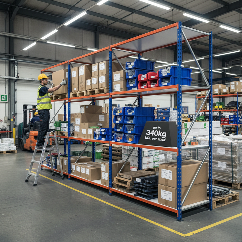 Heavy Duty Industrial Shelving - 1980mm High - 340kg Capacity - Blue & Orange