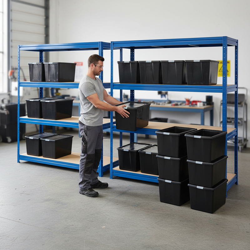 2x Premium Heavy Duty Shelving - 1770mm High - Blue with 12x 62L Storage Boxes