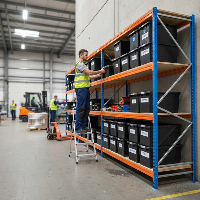 3x Heavy Duty Shelving - 2200mm High - Blue & Orange with 8x 37L Plastic Storage Boxes