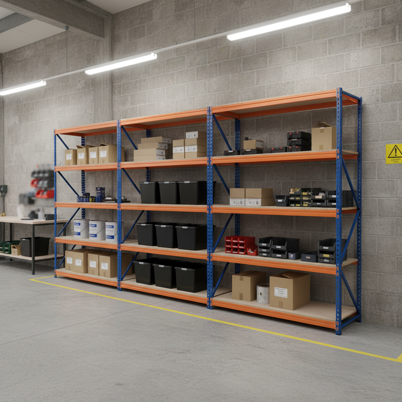 3x Industrial Heavy Duty Shelving - 1800mm High with 8x 37L Storage Boxes