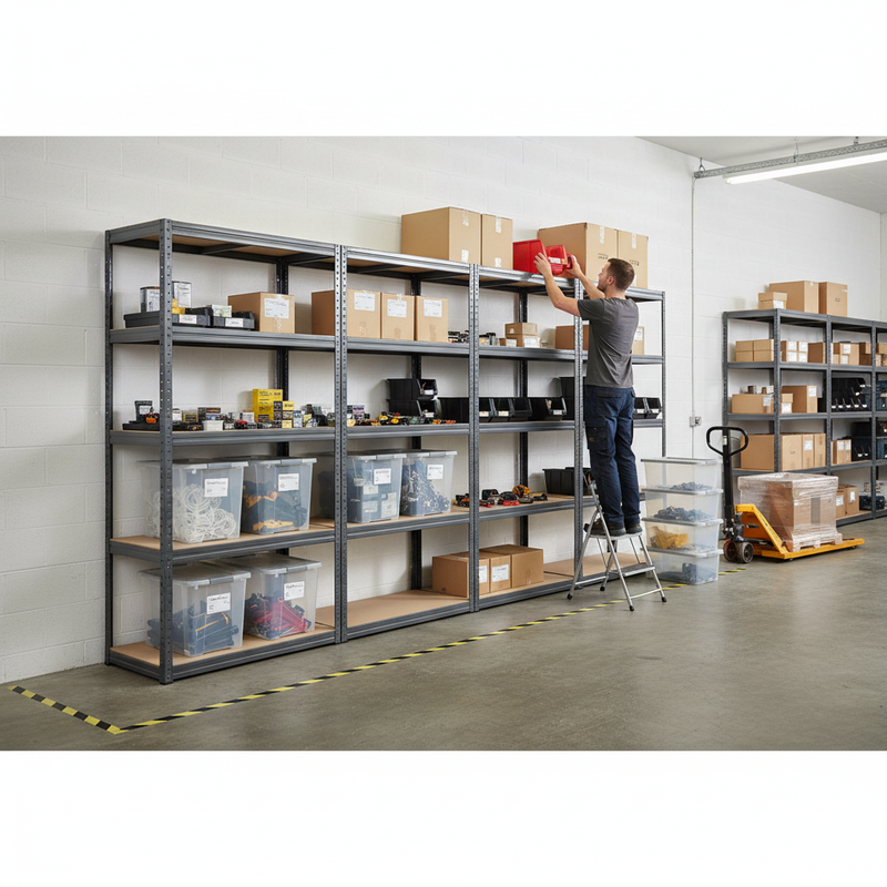 4x Heavy Duty Shelving Units - 1800mm High - Grey with 8x 60L Plastic Storage Boxes