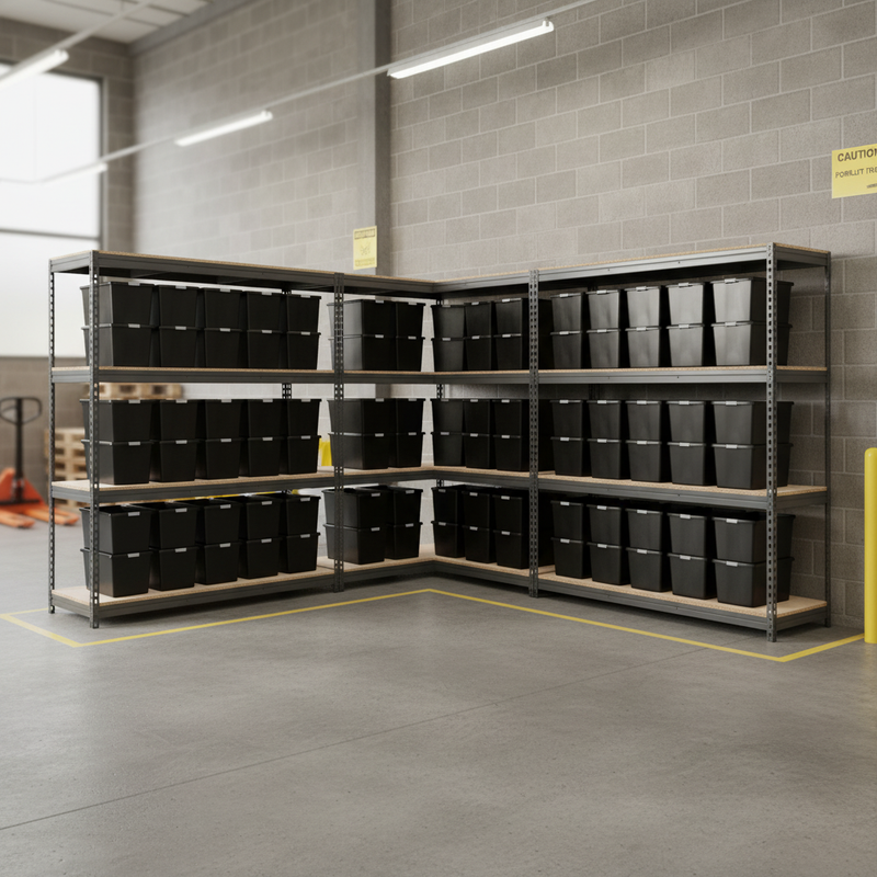 3x Premium Heavy Duty Shelving - 1800mm High - Grey with 12x 62L Plastic Storage Boxes